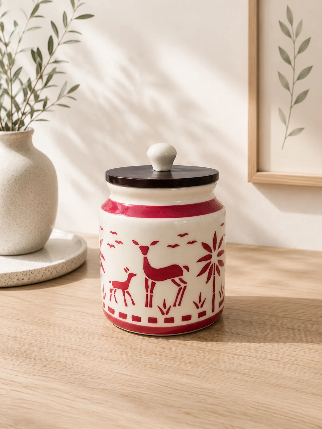 Forest Harmony Crimson Handpainted 450 ml Ceramic Storage Jar with Lid