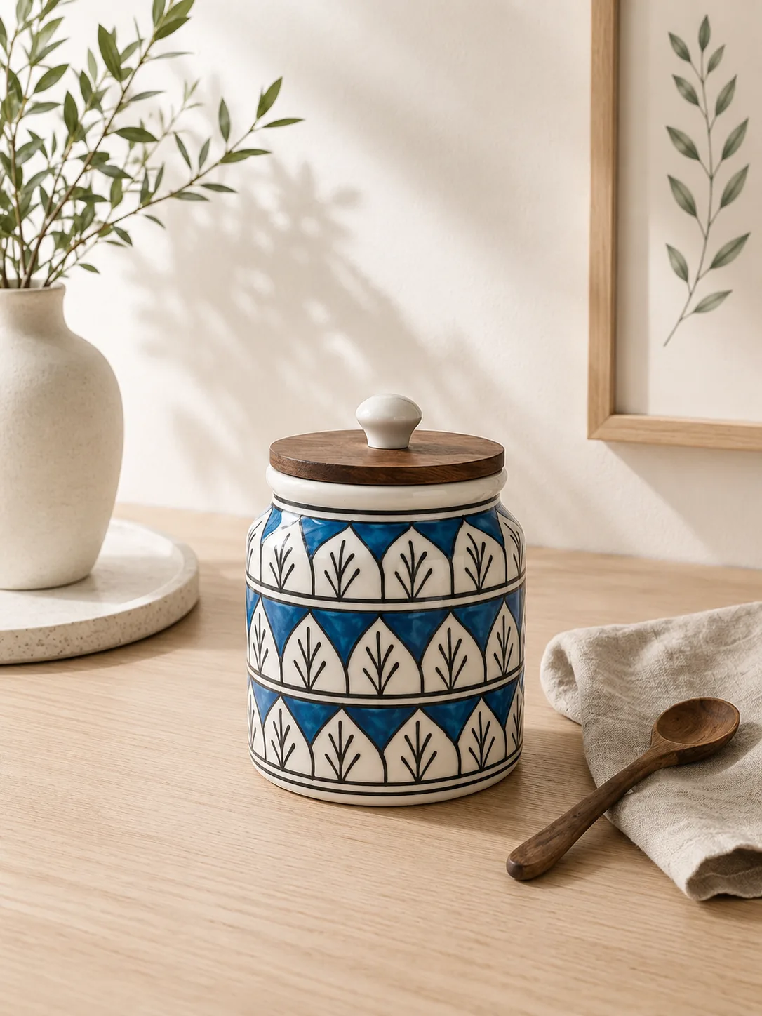 Azure Leaf Handpainted 450 ml Ceramic Kitchen Storage Jar