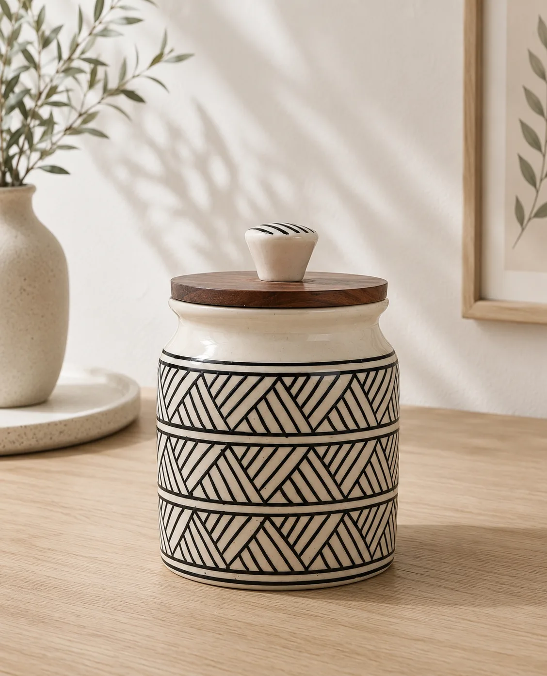 Geo Weave Handpainted 450 ml Ceramic Kitchen Storage Jar