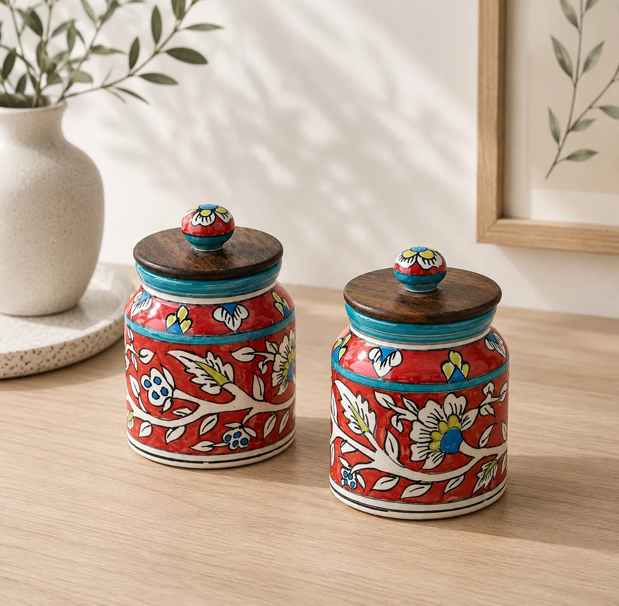 Crimson Bloom Handpainted 450 ml Ceramic Kitchen Storage Jar