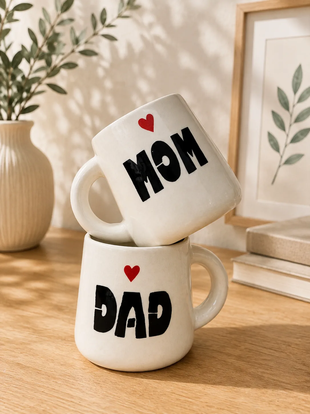 Mom & Dad Love Ceramic Coffee Mug Set (300 ml Each, Set of 2) - Angle 2 - Artisan Pottery Khurja