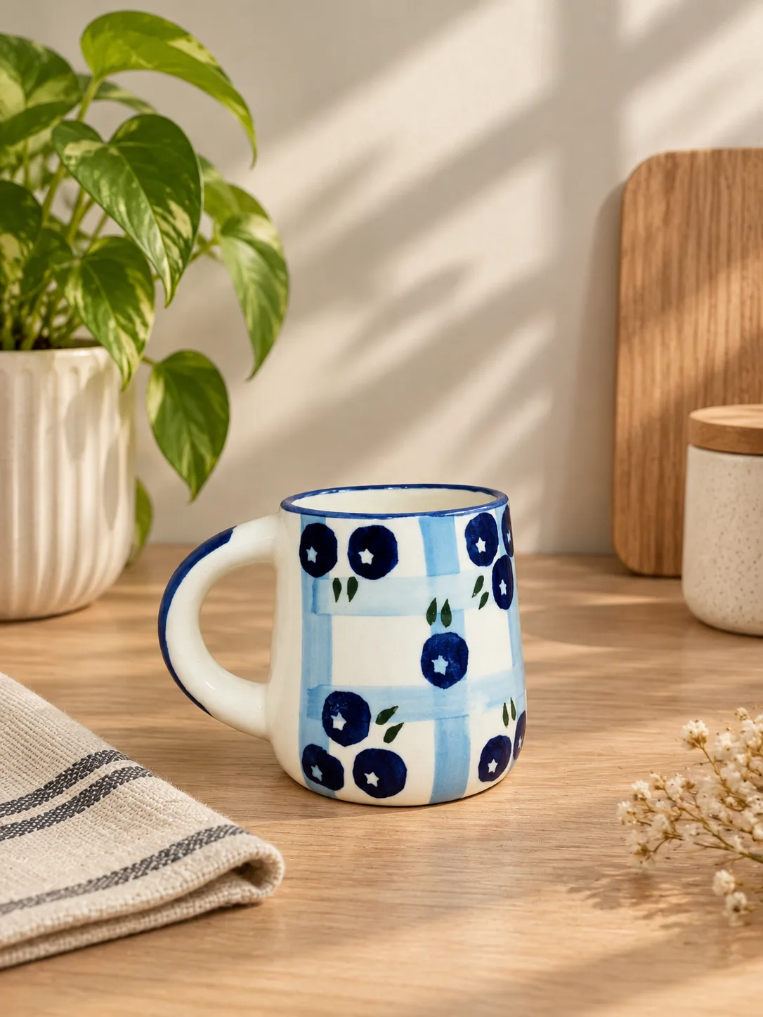 Blueberry Checkered 330 ml Ceramic Coffee Mug - Angle 2 - Artisan Pottery Khurja