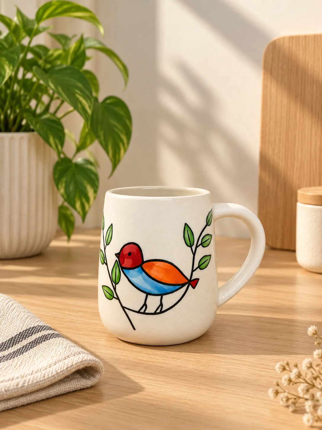 Bird & Branch Handpainted 350 ml Ceramic Coffee Mug - Angle 2 - Artisan Pottery Khurja