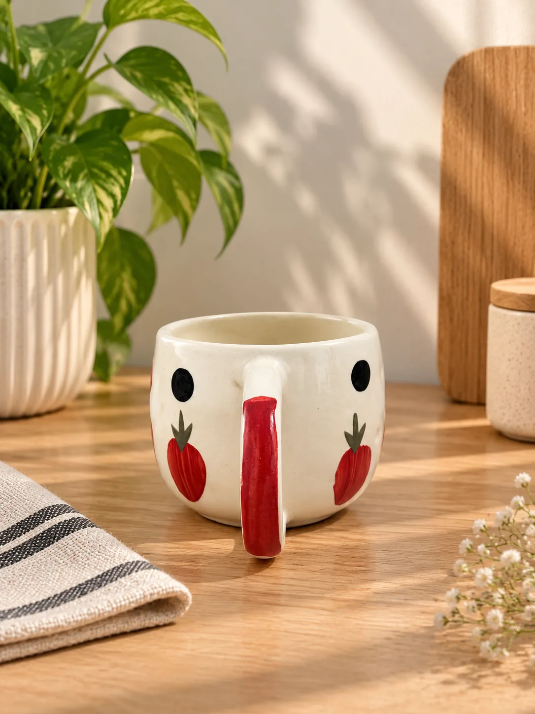 Strawberry Dot Handpainted 280 ml Ceramic Coffee Mug - Angle 2 - Artisan Pottery Khurja