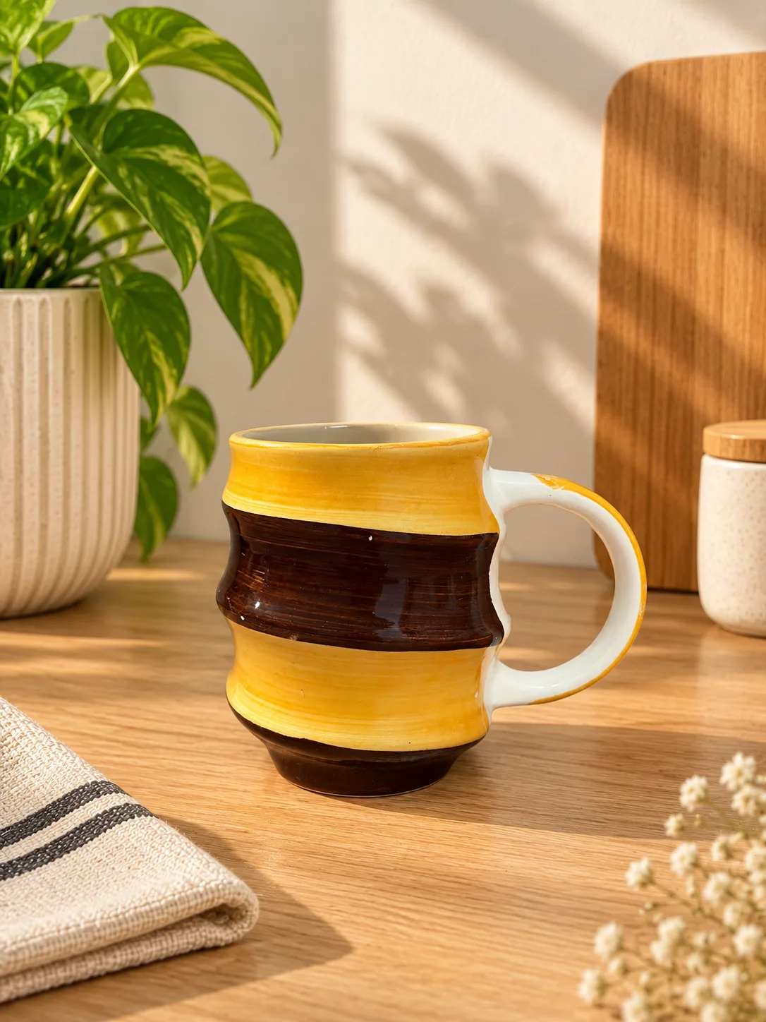 Mustard Brown Stripe 330 ml Stoneware Ceramic Coffee Mug