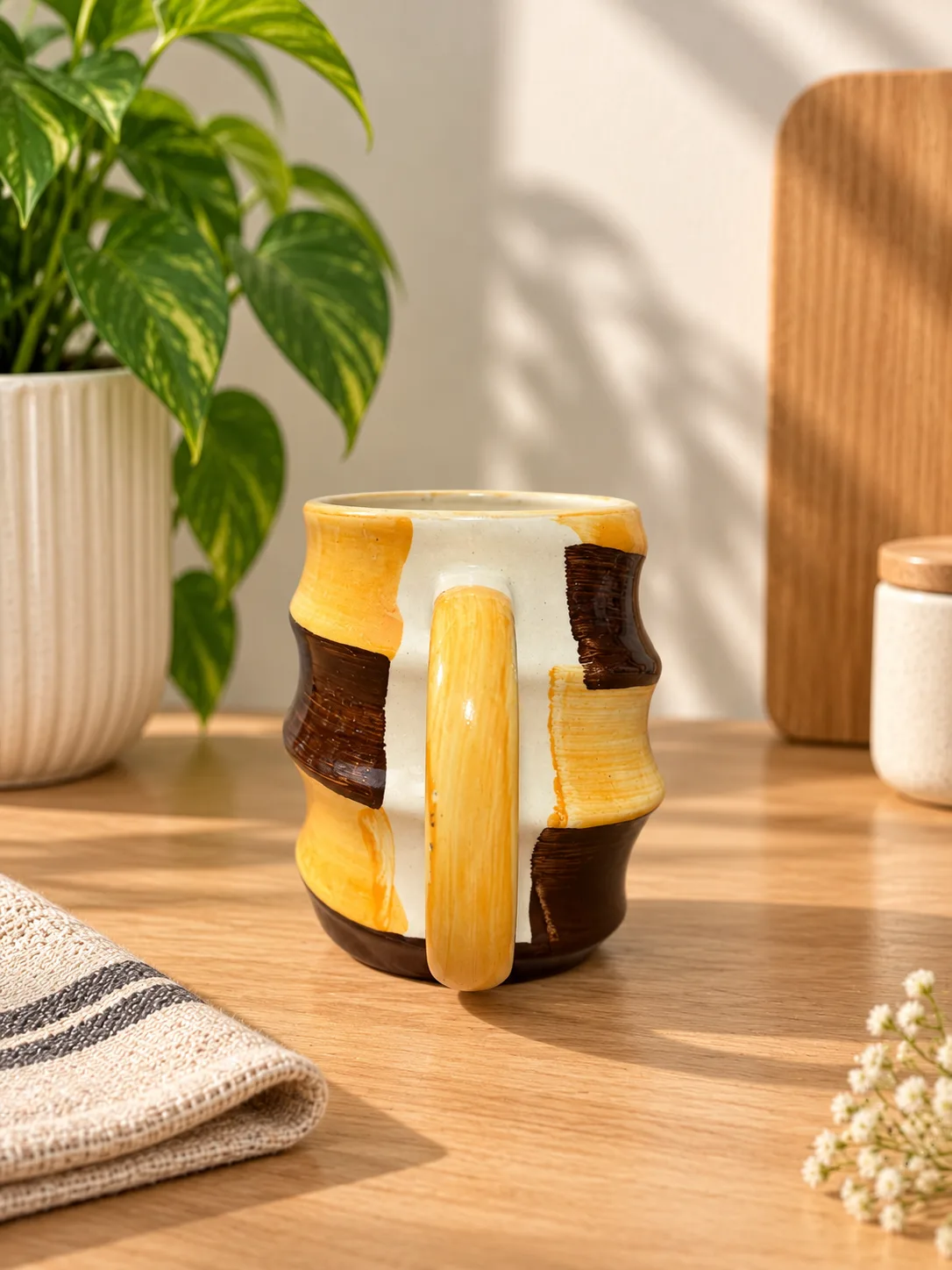 Mustard Brown Stripe 330 ml Stoneware Ceramic Coffee Mug - Angle 2 - Artisan Pottery Khurja
