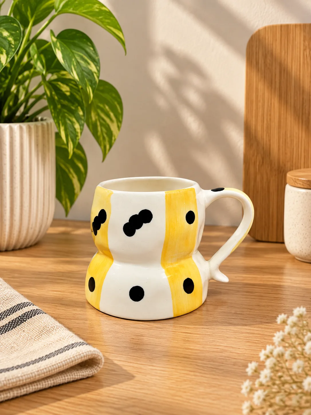 Snowman Hand-Painted Yellow & Black 350 ml Ceramic Coffee Mug - Angle 2 - Artisan Pottery Khurja