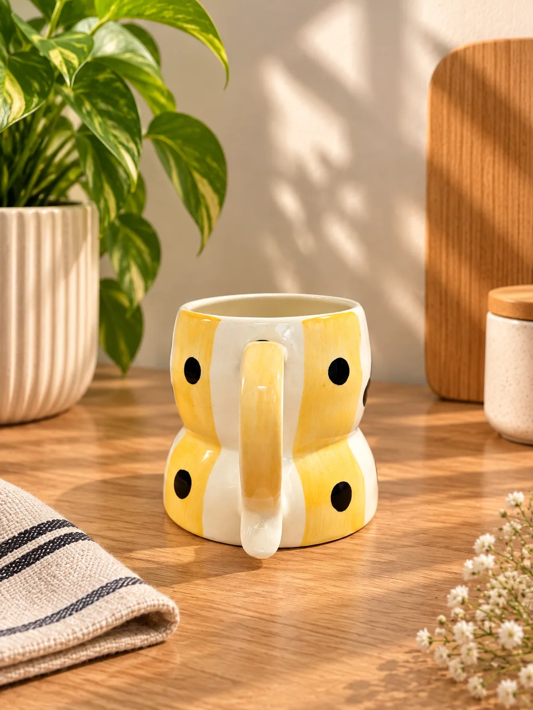 Snowman Hand-Painted Yellow & Black 350 ml Ceramic Coffee Mug - Angle 3 - Artisan Pottery Khurja