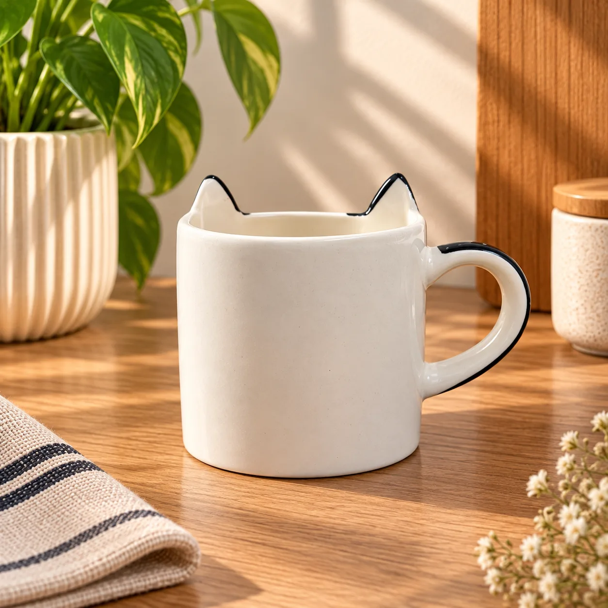Cute Cat Face Handpainted 250 ml Ceramic Coffee Mug - Angle 2 - Artisan Pottery Khurja