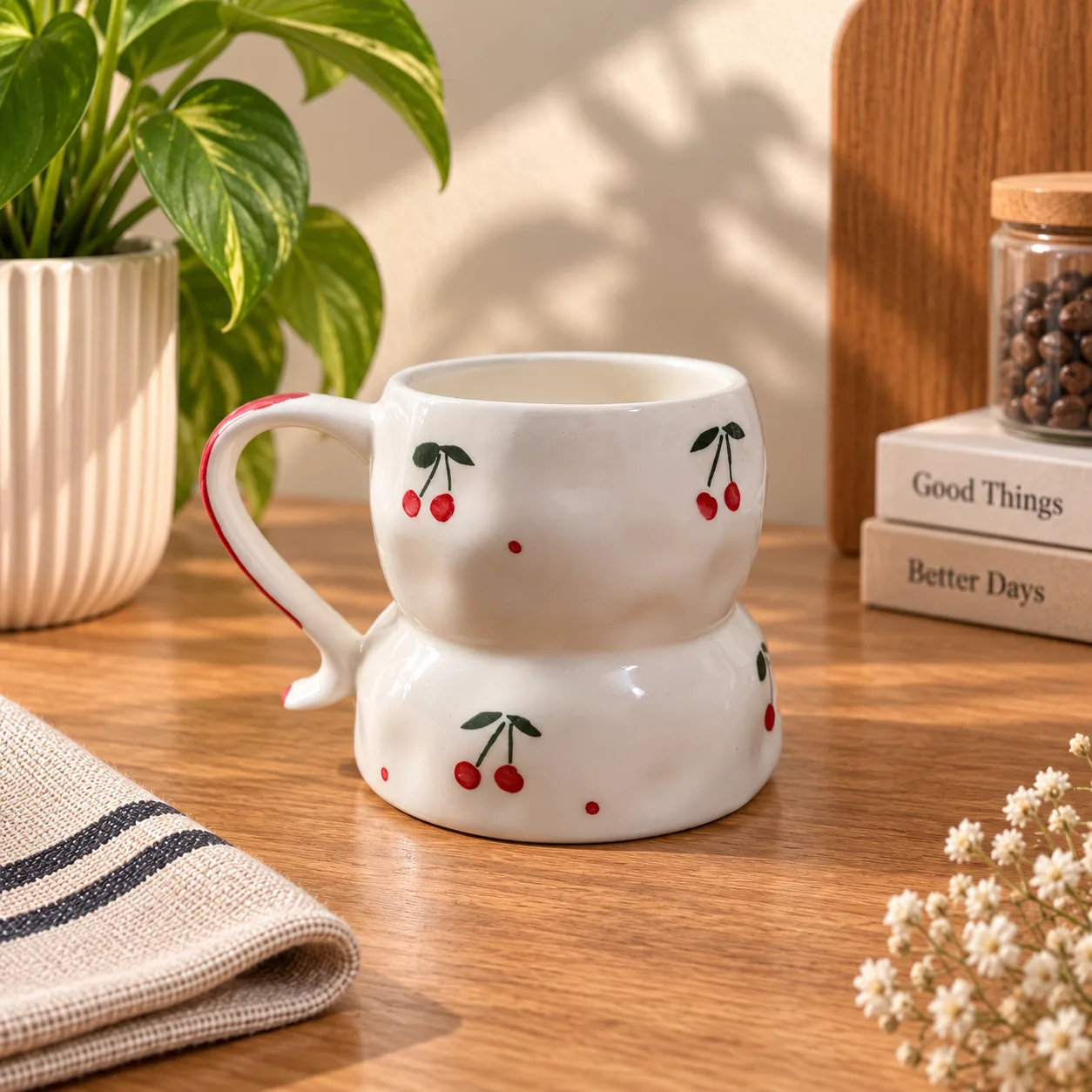 Cute Cherry Motif Hand-Painted 250 ml Ceramic Coffee Mug - Angle 2 - Artisan Pottery Khurja