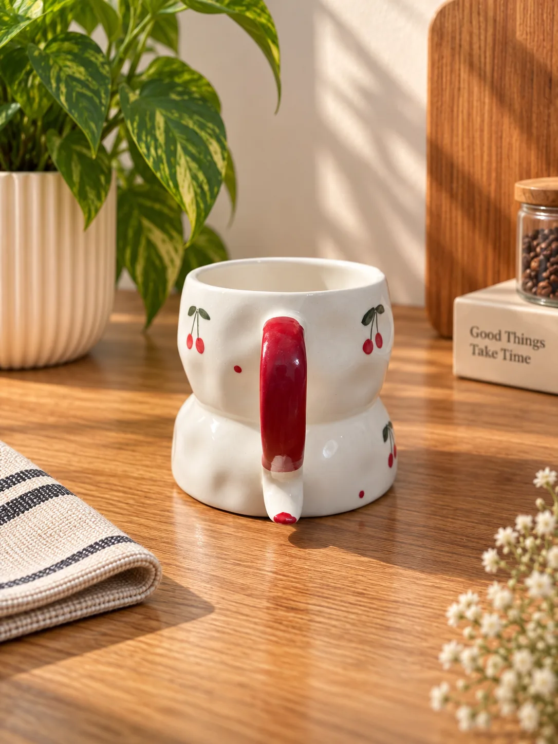 Cute Cherry Motif Hand-Painted 250 ml Ceramic Coffee Mug - Angle 3 - Artisan Pottery Khurja