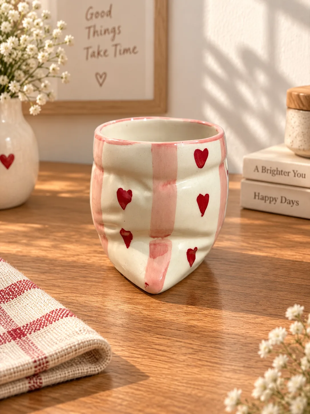 Slouchy Heart Pink Checkered 280 ml Ceramic Mug with Straw - Angle 2 - Artisan Pottery Khurja