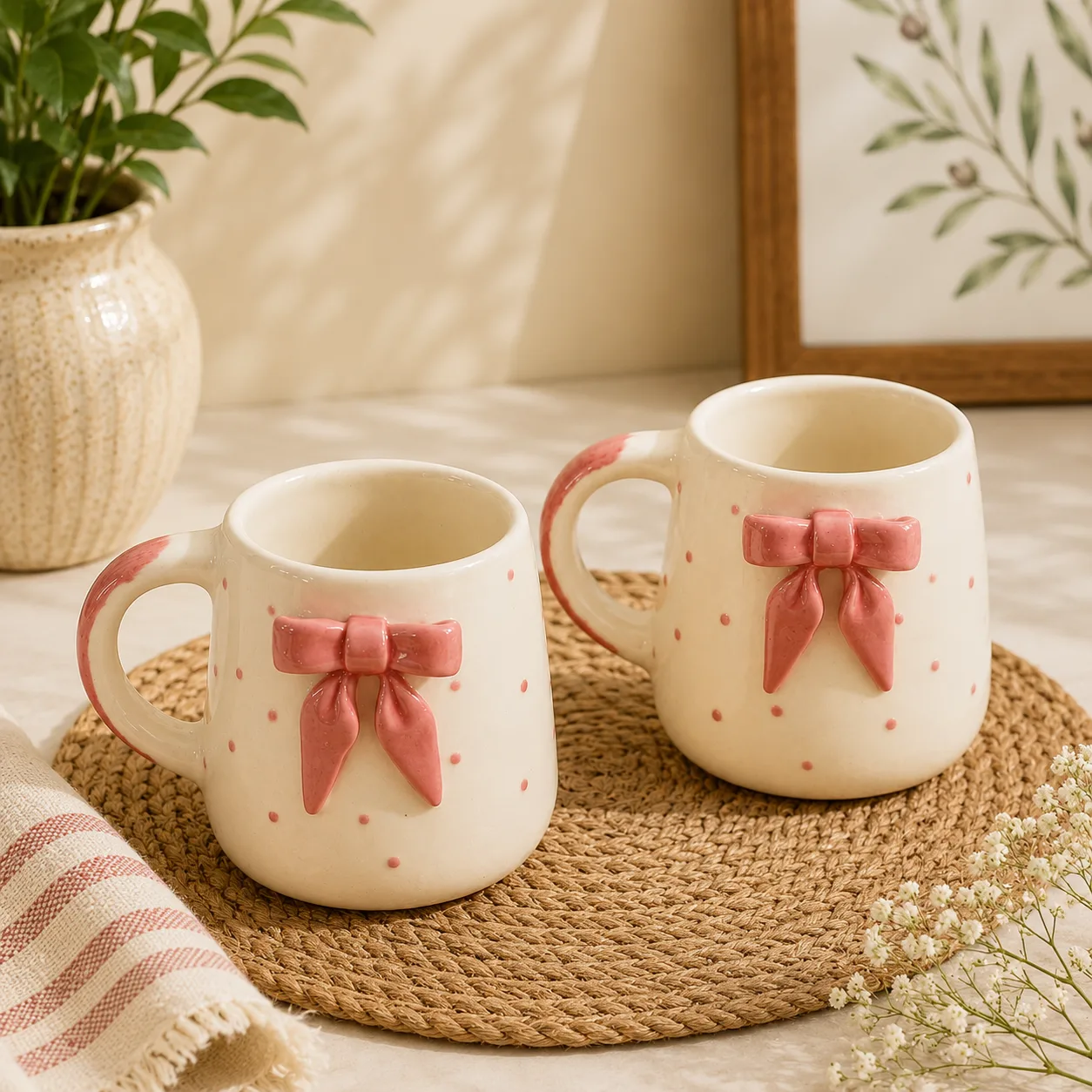 Rosette Bow Polka Dot Ceramic Coffee Mug (Set of 2) - Angle 2 - Artisan Pottery Khurja