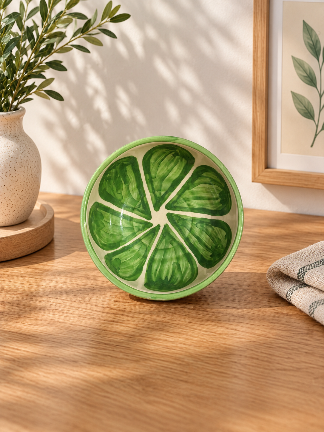 Green Petal Hand-Painted 400 ml Ceramic Serving Bowl