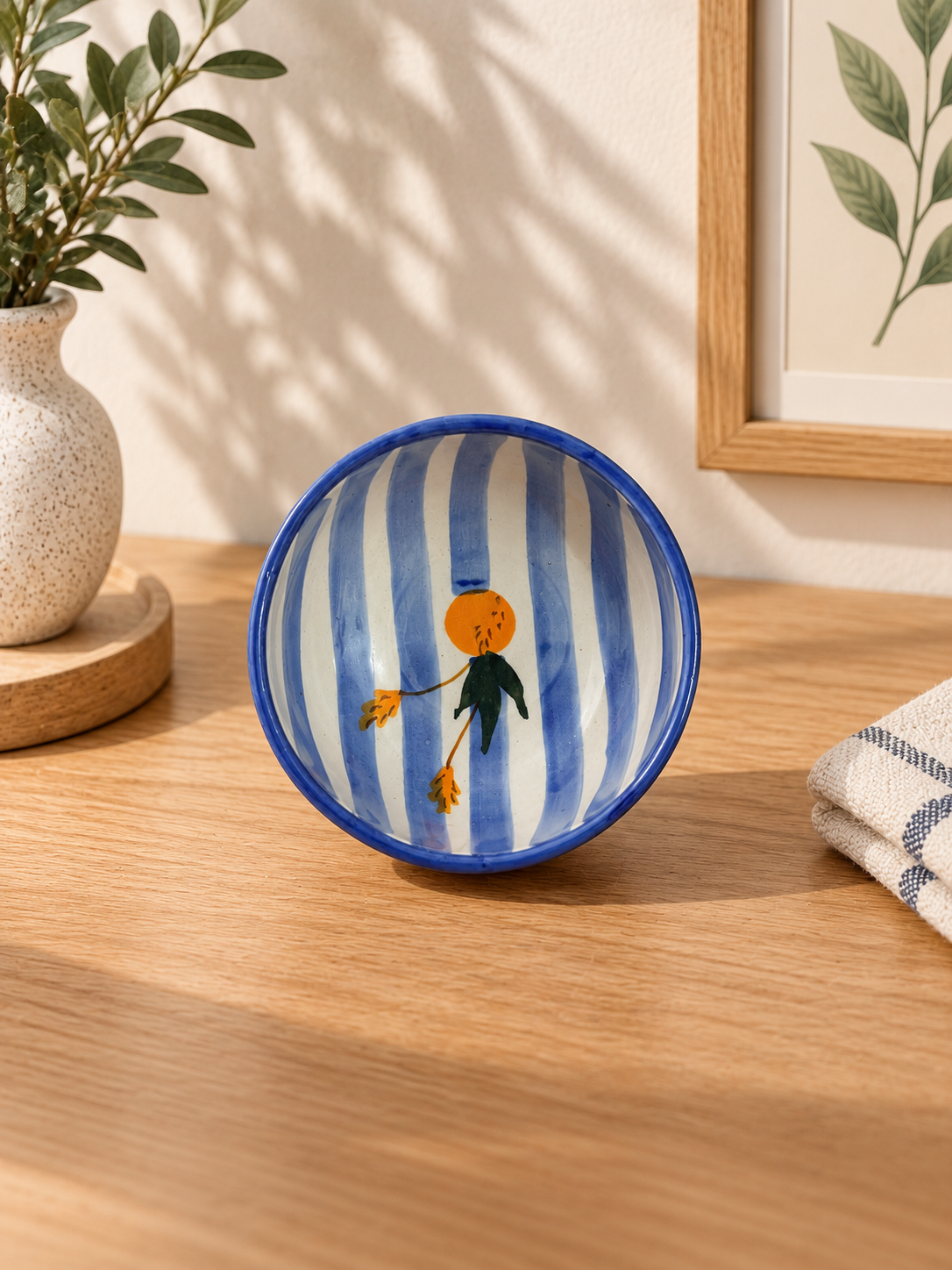 Blue Floral Stripe Hand-Painted 450 ml Ceramic Serving Bowl