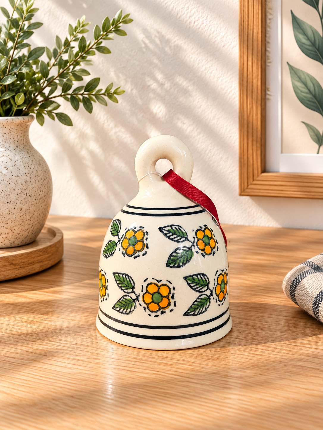 Hand-Painted Floral Ceramic Bell Combo – 4.5 Inch  - Angle 2 - Artisan Pottery Khurja