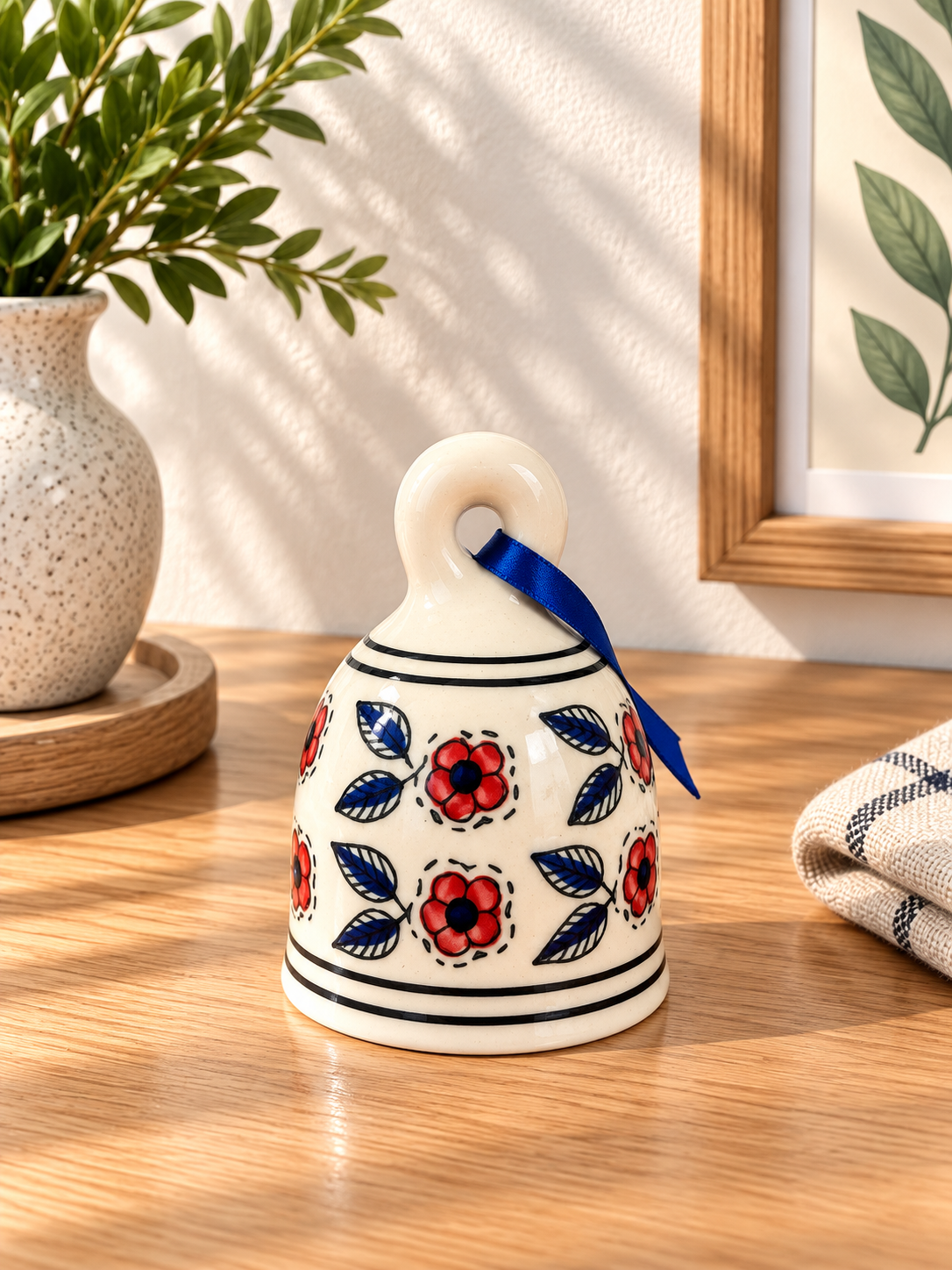 Hand-Painted Floral Ceramic Bell Combo – 4.5 Inch  - Angle 3 - Artisan Pottery Khurja