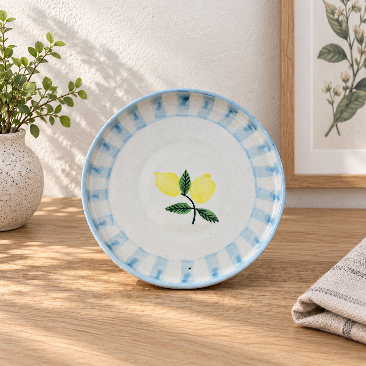 Lemon Leaf Ceramic Dinner Set – Cup, Bowl & Plate Combo - Angle 3 - Artisan Pottery Khurja