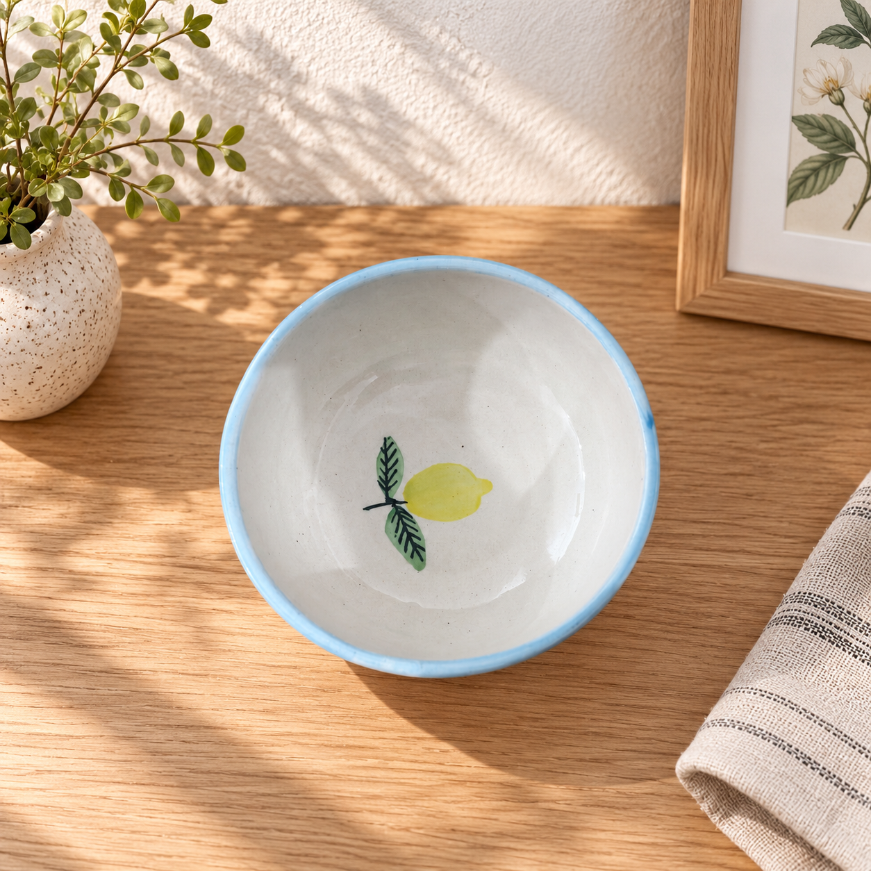 Lemon Leaf Ceramic Dinner Set – Cup, Bowl & Plate Combo - Angle 5 - Artisan Pottery Khurja