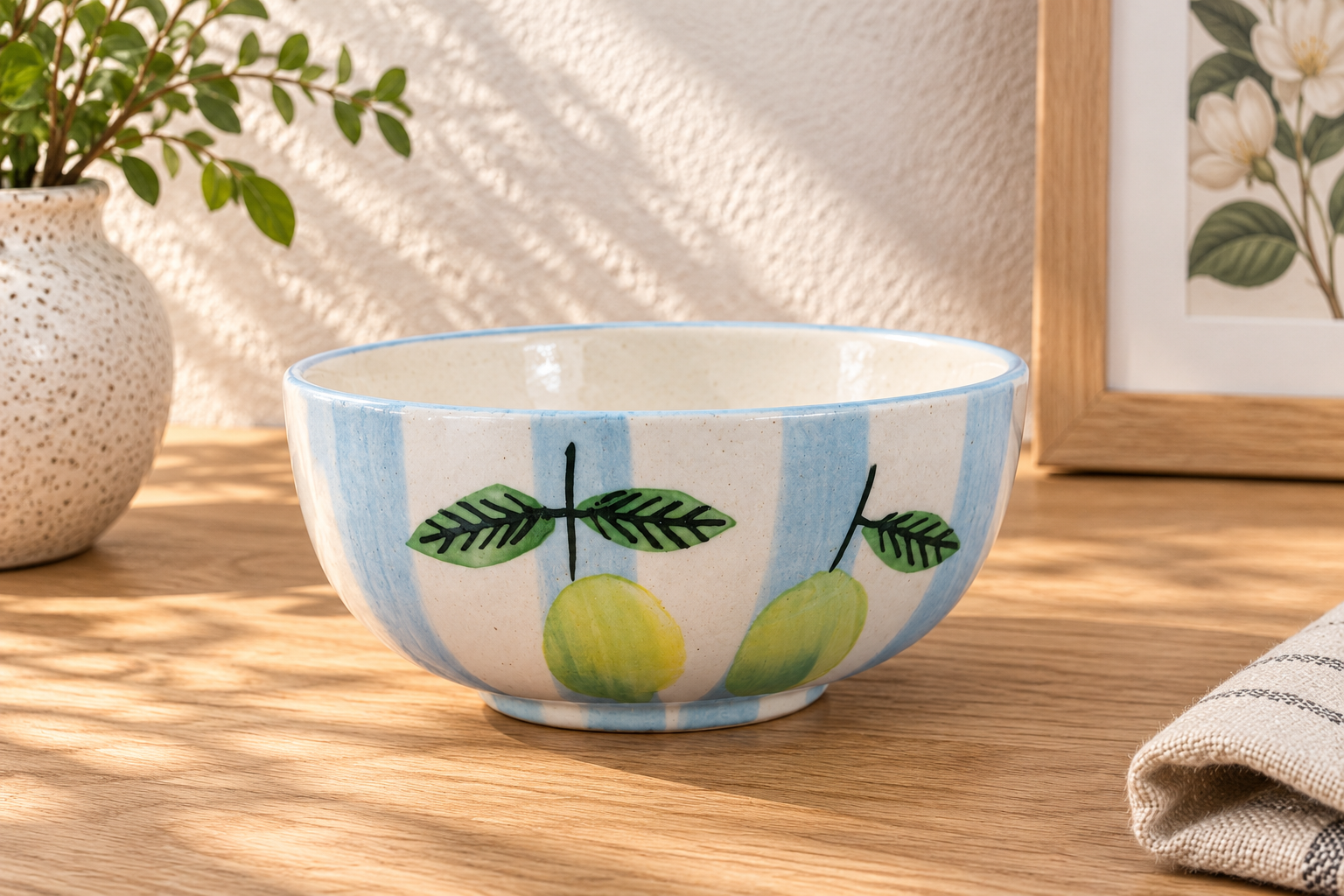 Lemon Leaf Ceramic Dinner Set – Cup, Bowl & Plate Combo - Angle 4 - Artisan Pottery Khurja