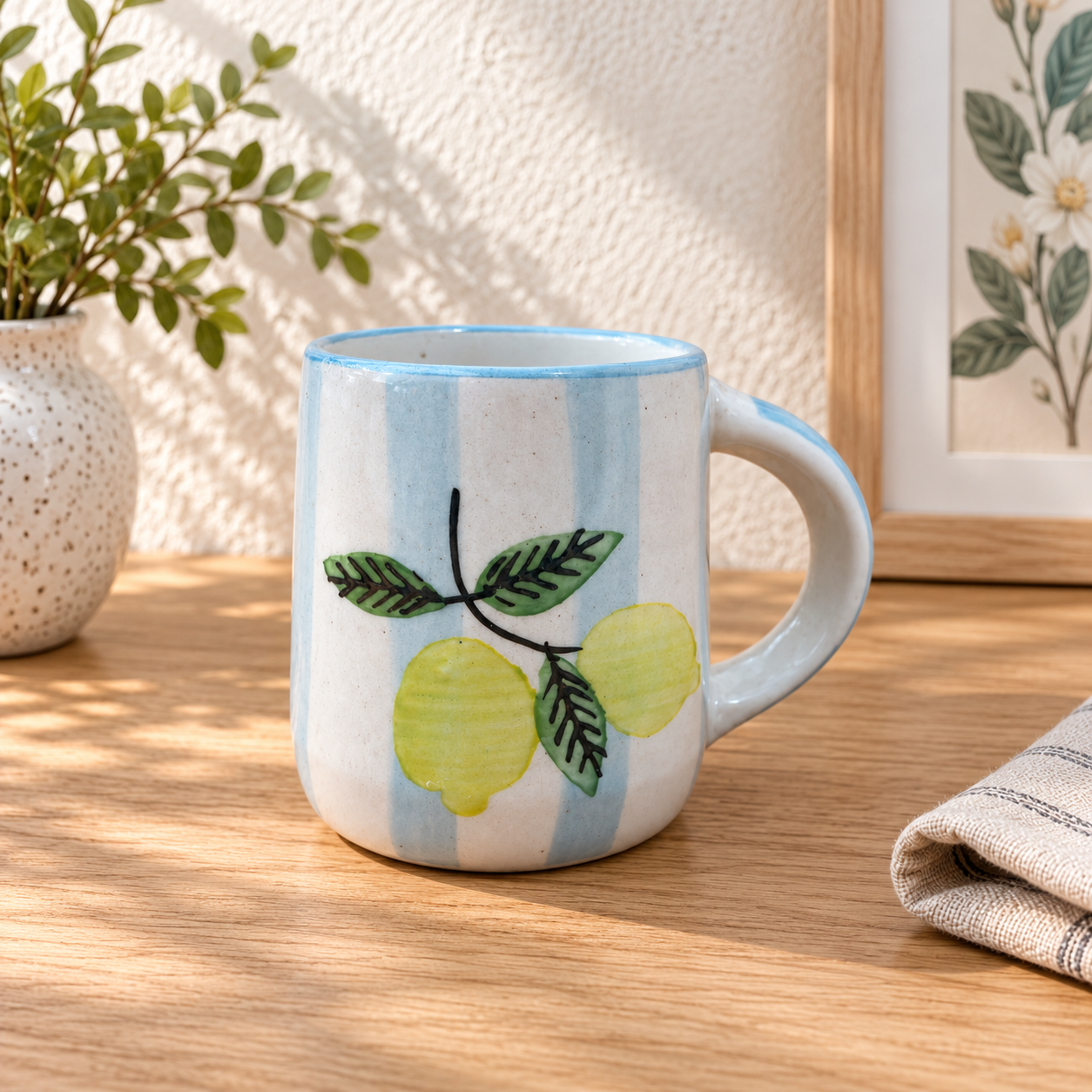 Lemon Leaf Ceramic Dinner Set – Cup, Bowl & Plate Combo - Angle 2 - Artisan Pottery Khurja