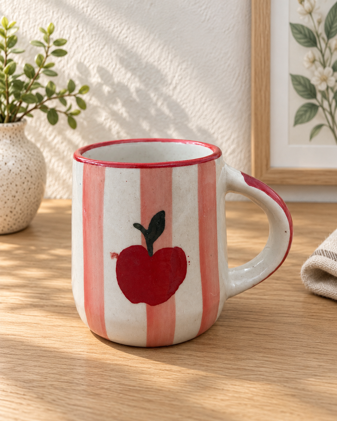 Apple Stripe Ceramic Dinner Set – Cup, Bowl & Plate Combo - Angle 2 - Artisan Pottery Khurja