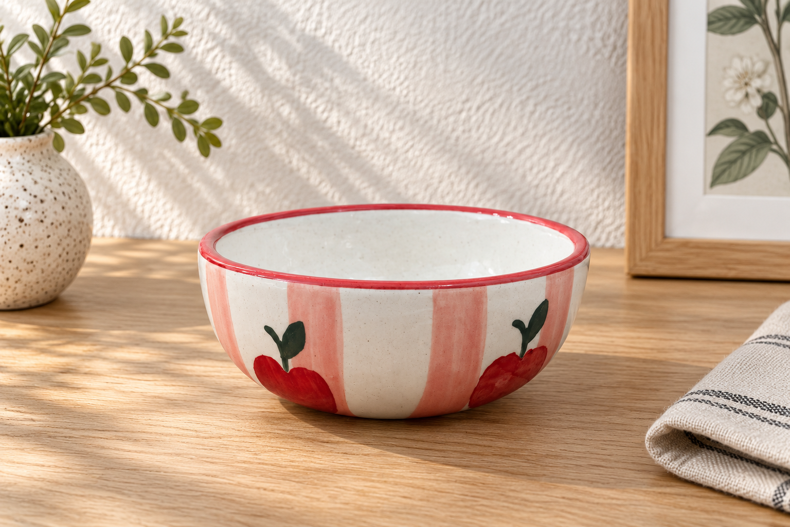 Apple Stripe Ceramic Dinner Set – Cup, Bowl & Plate Combo - Angle 3 - Artisan Pottery Khurja
