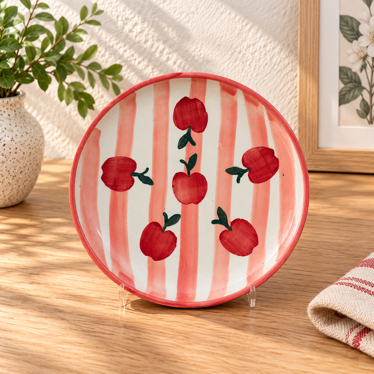 Apple Stripe Ceramic Dinner Set – Cup, Bowl & Plate Combo - Angle 4 - Artisan Pottery Khurja