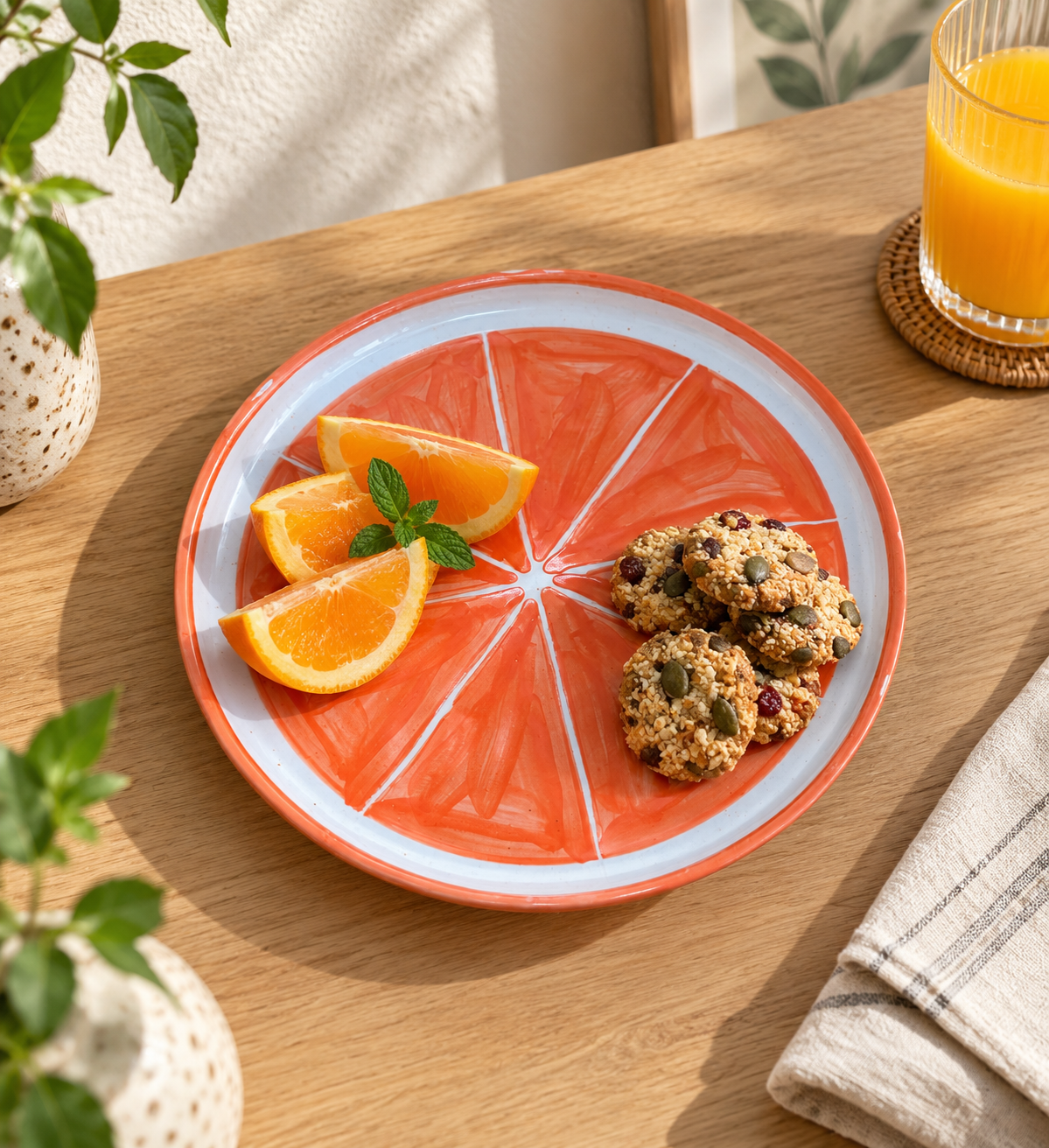 Orange Slice Ceramic Snack Plate – 7.5 Inch - Angle 2 - Artisan Pottery Khurja