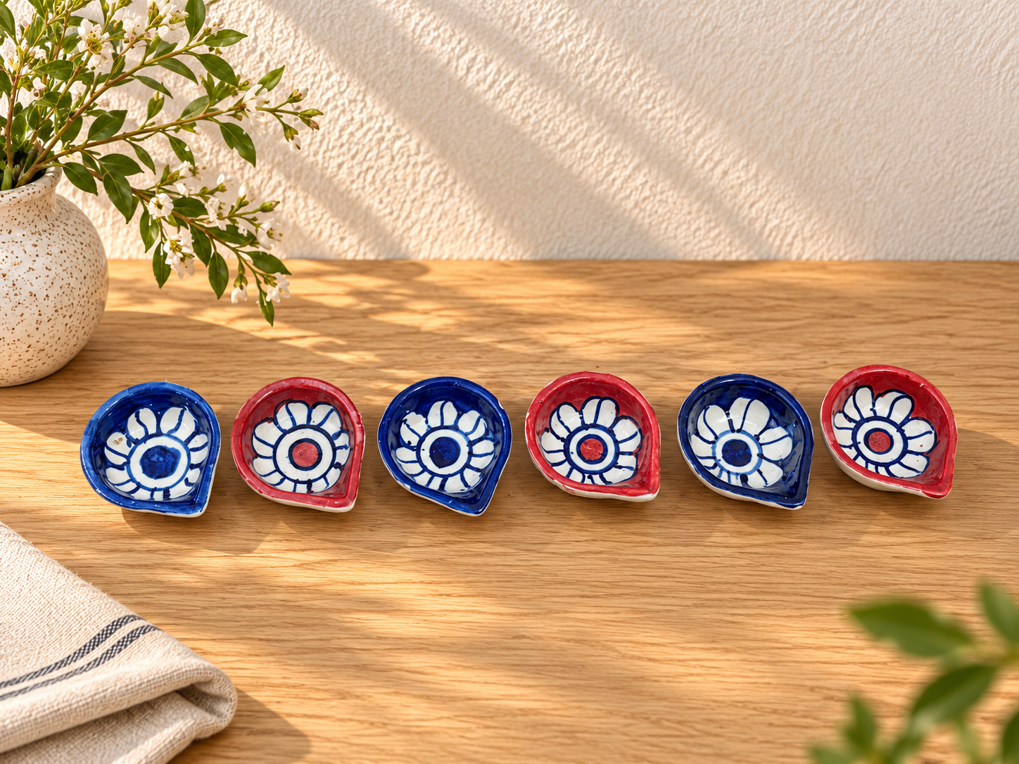 Hand-Painted Ceramic Diya Set of 6 – Blue & Red Floral Design - Angle 2 - Artisan Pottery Khurja