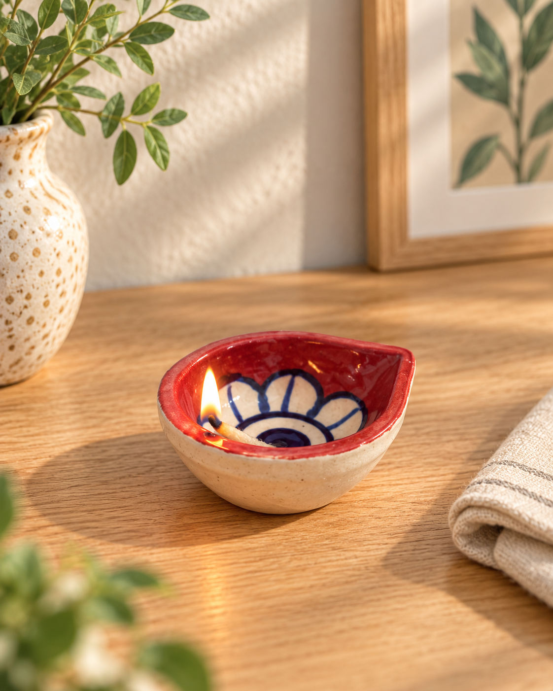 Hand-Painted Ceramic Diya Set of 6 – Blue & Red Floral Design - Angle 3 - Artisan Pottery Khurja