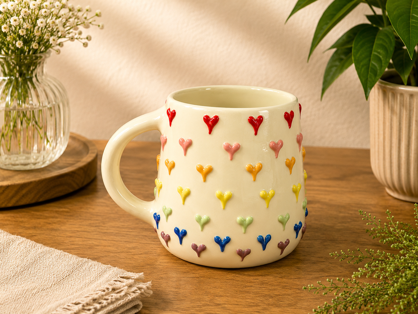 3D Cherry & Colorful Heart Embossed Ceramic Coffee Mug (Set of 2) - Angle 2 - Artisan Pottery Khurja