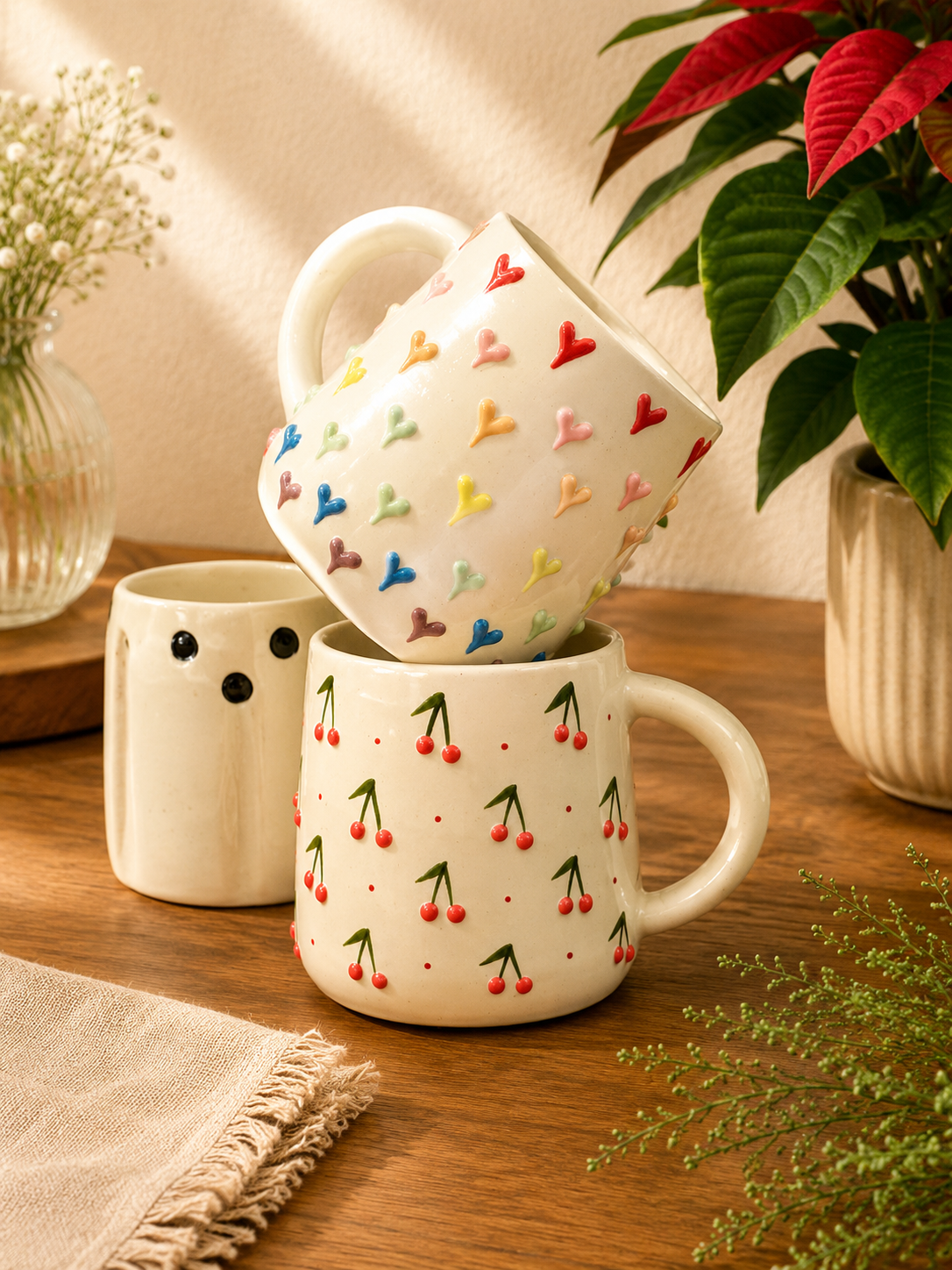 3D Cherry & Colorful Heart Embossed Ceramic Coffee Mug (Set of 2) - Angle 3 - Artisan Pottery Khurja