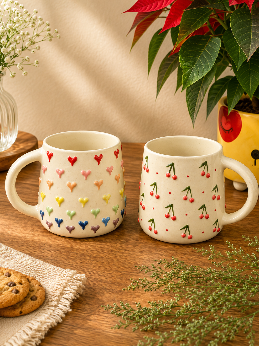 3D Cherry & Colorful Heart Embossed Ceramic Coffee Mug (Set of 2) - Angle 4 - Artisan Pottery Khurja