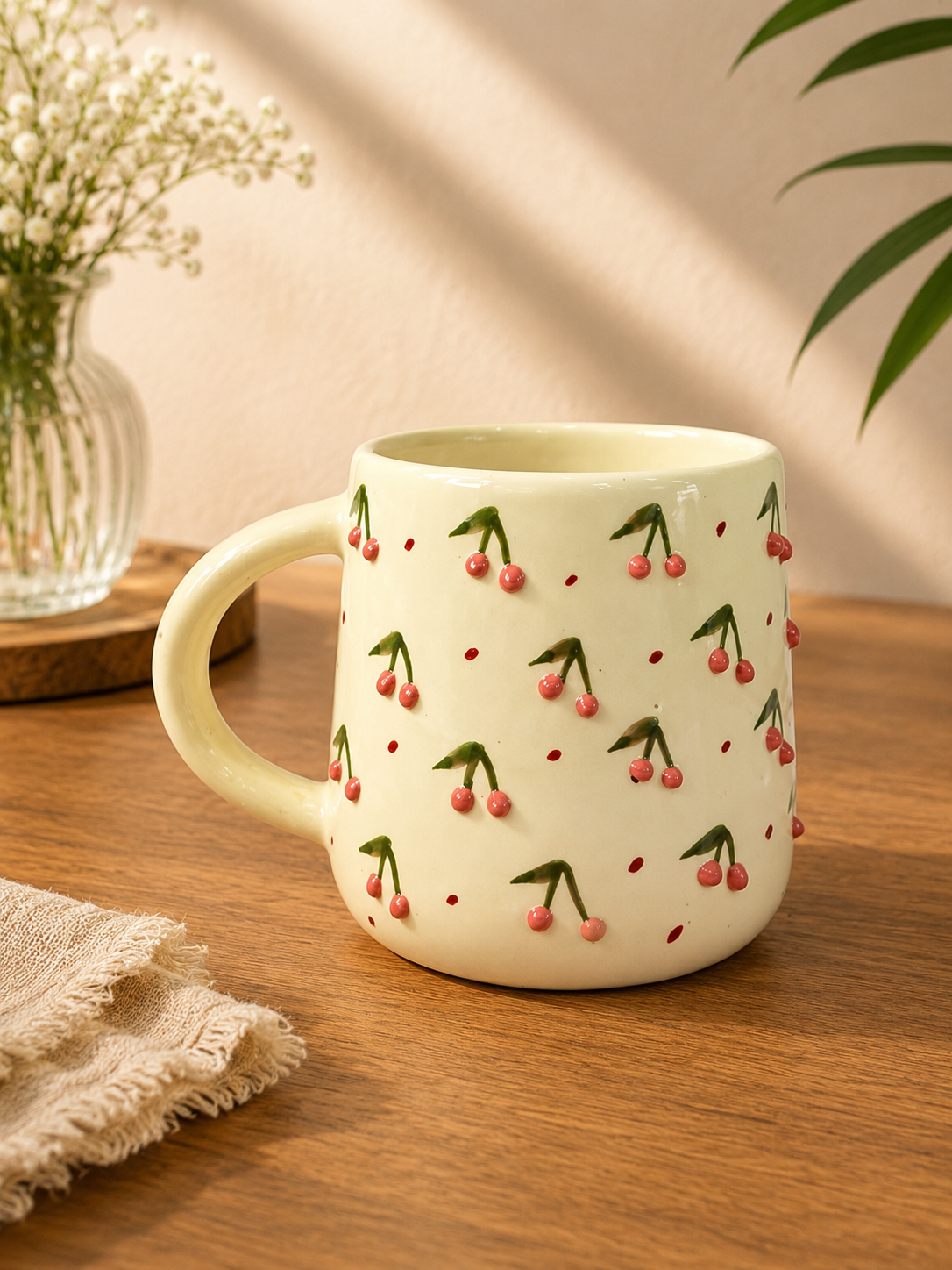 3D Cherry & Colorful Heart Embossed Ceramic Coffee Mug (Set of 2) - Angle 5 - Artisan Pottery Khurja