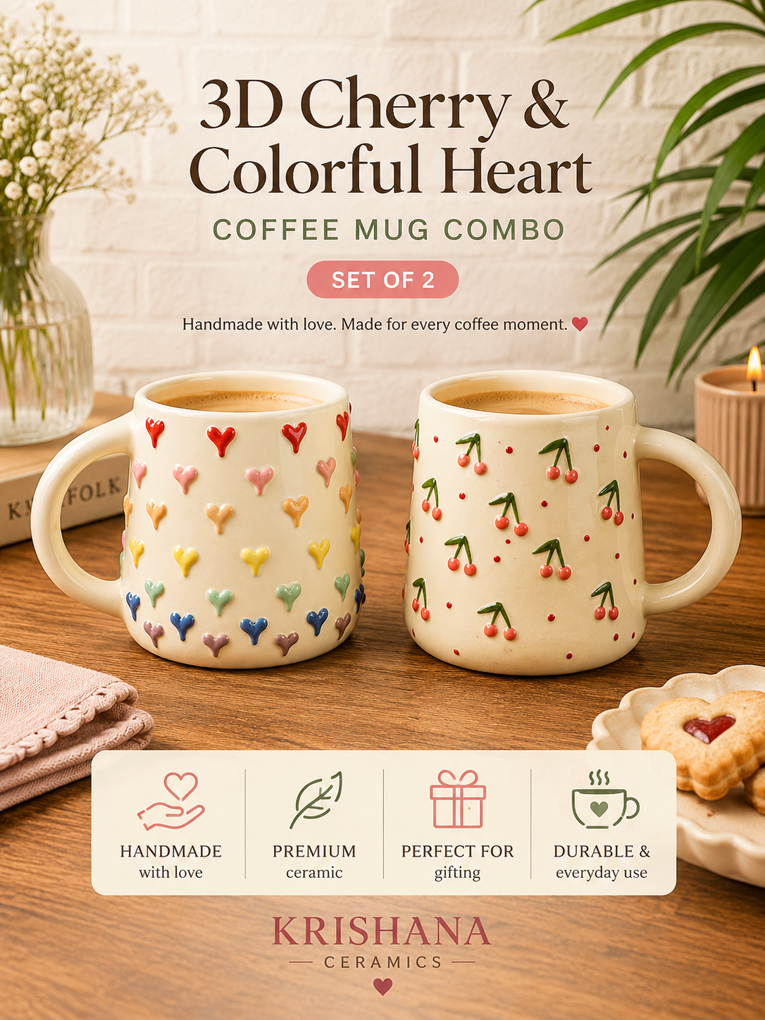 3D Cherry & Colorful Heart Embossed Ceramic Coffee Mug (Set of 2) - Angle 6 - Artisan Pottery Khurja