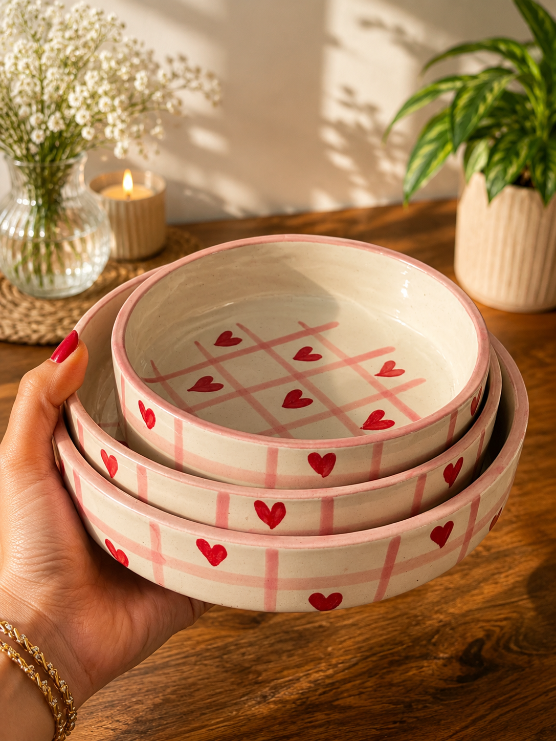Heart Motif Ceramic Serving & Salad Bowl Set (Set of 3) - Angle 2 - Artisan Pottery Khurja