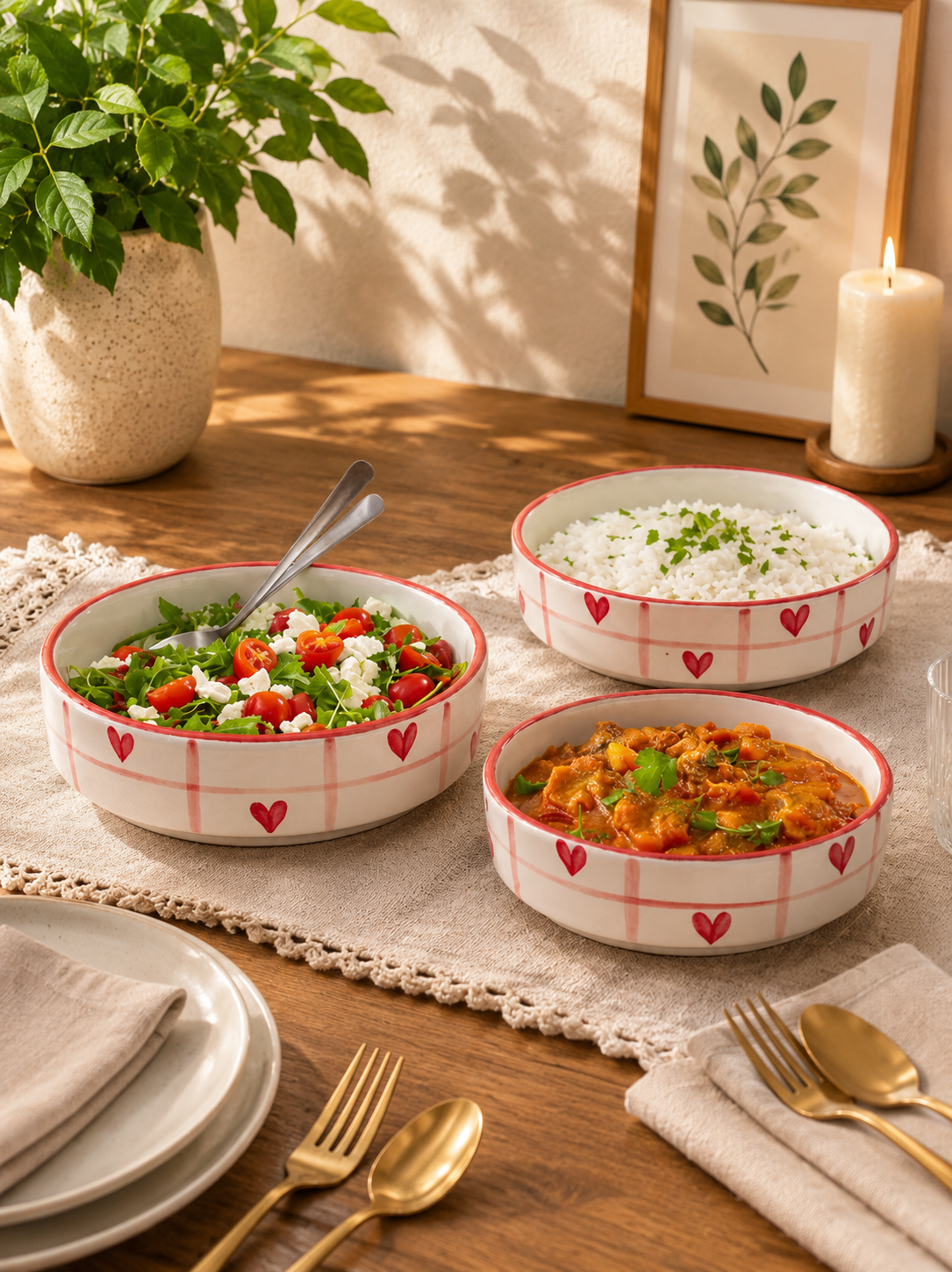 Heart Motif Ceramic Serving & Salad Bowl Set (Set of 3) - Angle 3 - Artisan Pottery Khurja