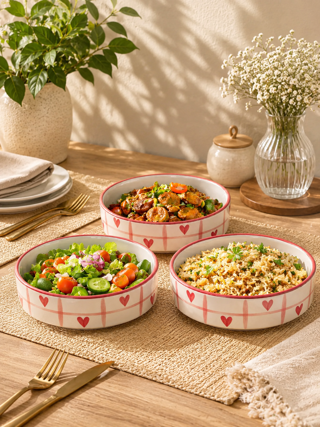 Heart Motif Ceramic Serving & Salad Bowl Set (Set of 3) - Angle 4 - Artisan Pottery Khurja