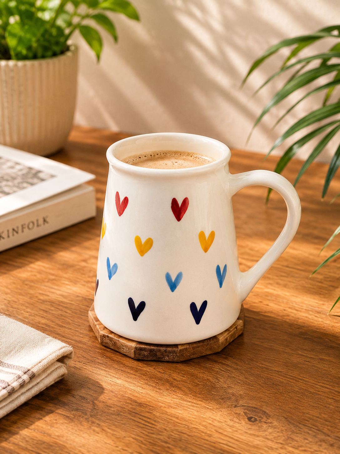 Multicolour Heart Motif 300 ml Ceramic Coffee Mug - Angle 2 - Artisan Pottery Khurja