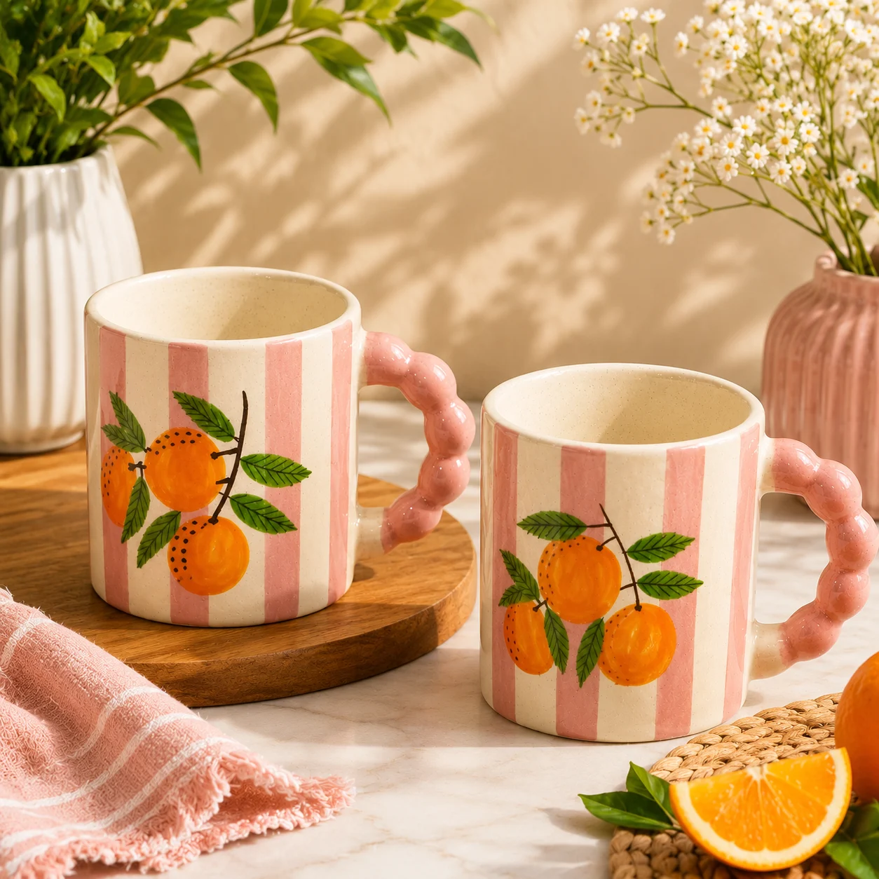 Citrus Stripes Positano Handpainted Ceramic Coffee Mug (Set of 2) - Angle 3 - Artisan Pottery Khurja