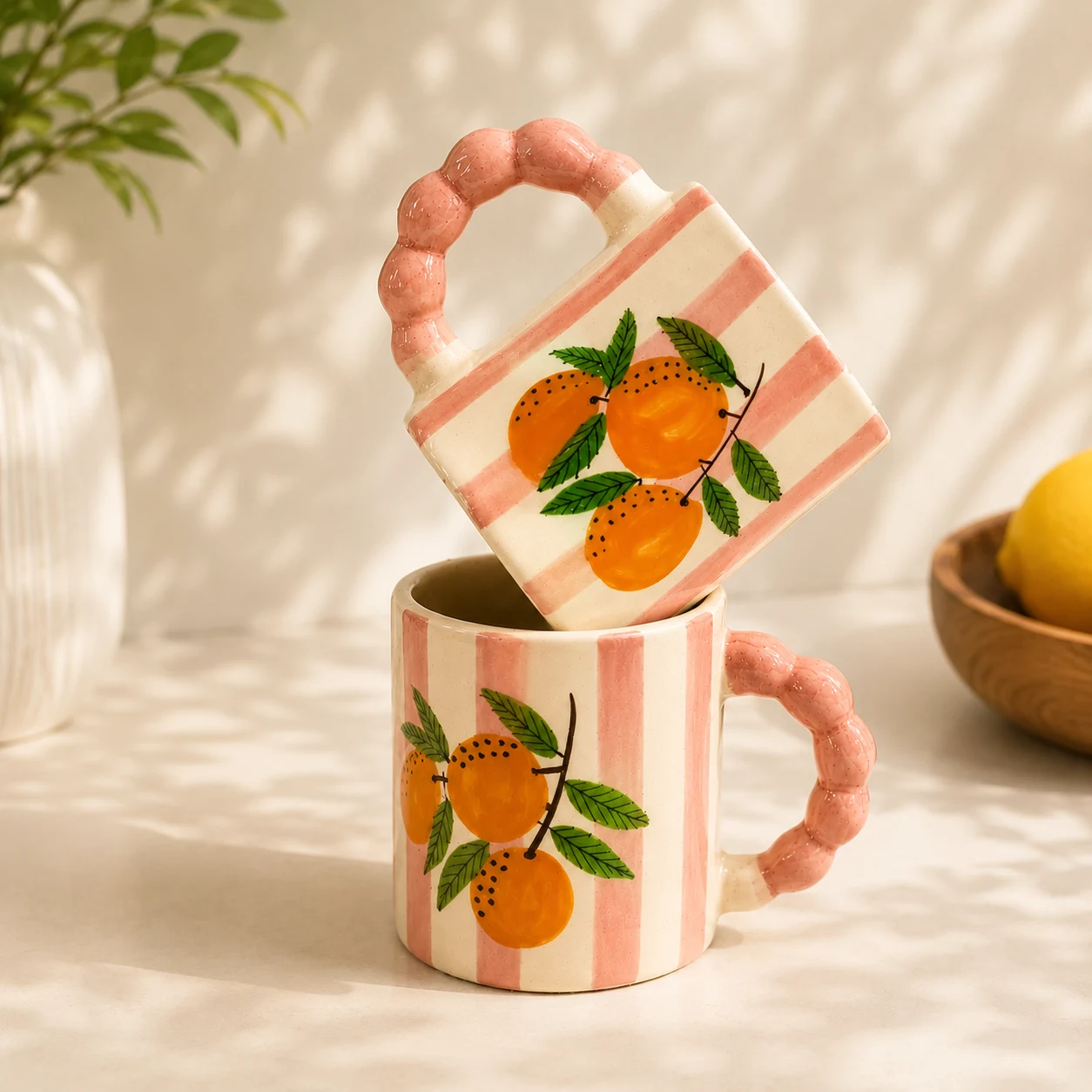 Citrus Stripes Positano Handpainted Ceramic Coffee Mug (Set of 2) - Angle 4 - Artisan Pottery Khurja