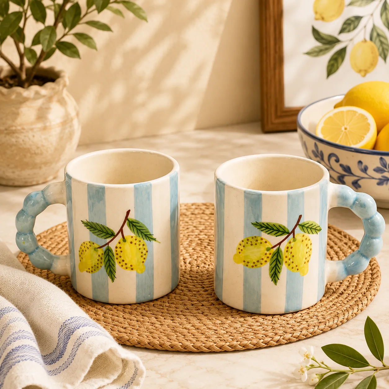 Citrus Stripes Amalfi Handpainted Ceramic Coffee Mug (Set of 2) - Angle 2 - Artisan Pottery Khurja