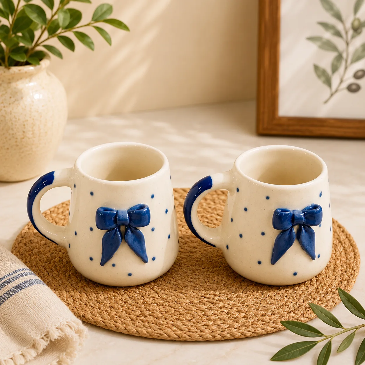 Azure Bow Polka Dot Ceramic Coffee Mug (Set of 2) - Angle 2 - Artisan Pottery Khurja