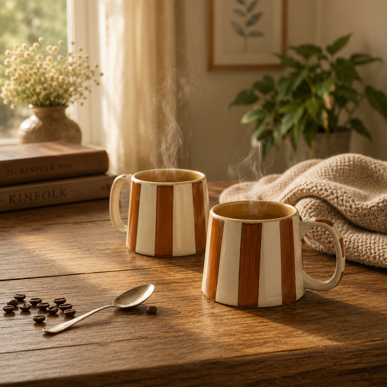Zen Stripe Earthy Brown Stoneware Ceramic Coffee Mug (Set of 2) - Angle 2 - Artisan Pottery Khurja