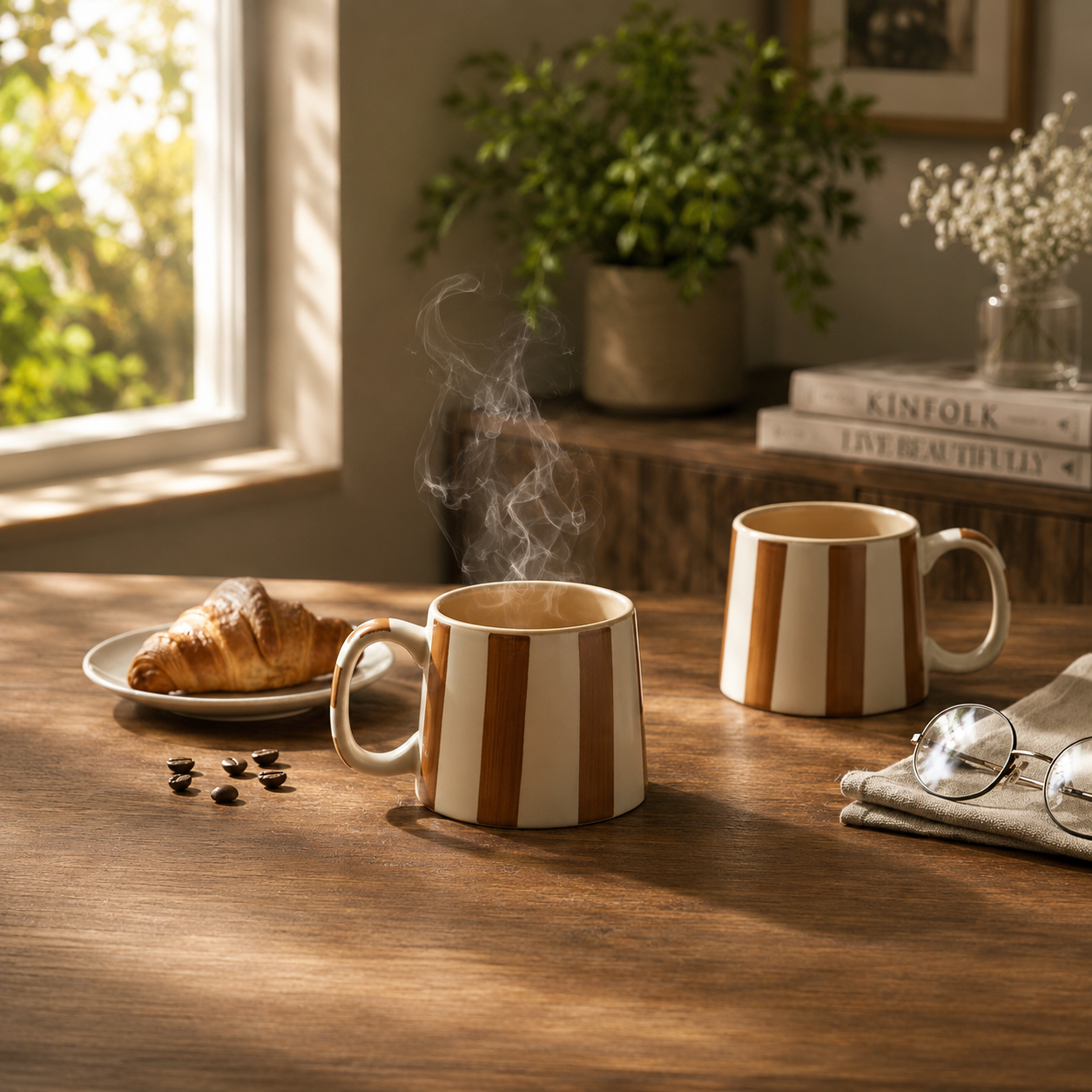 Zen Stripe Earthy Brown Stoneware Ceramic Coffee Mug (Set of 2) - Angle 3 - Artisan Pottery Khurja