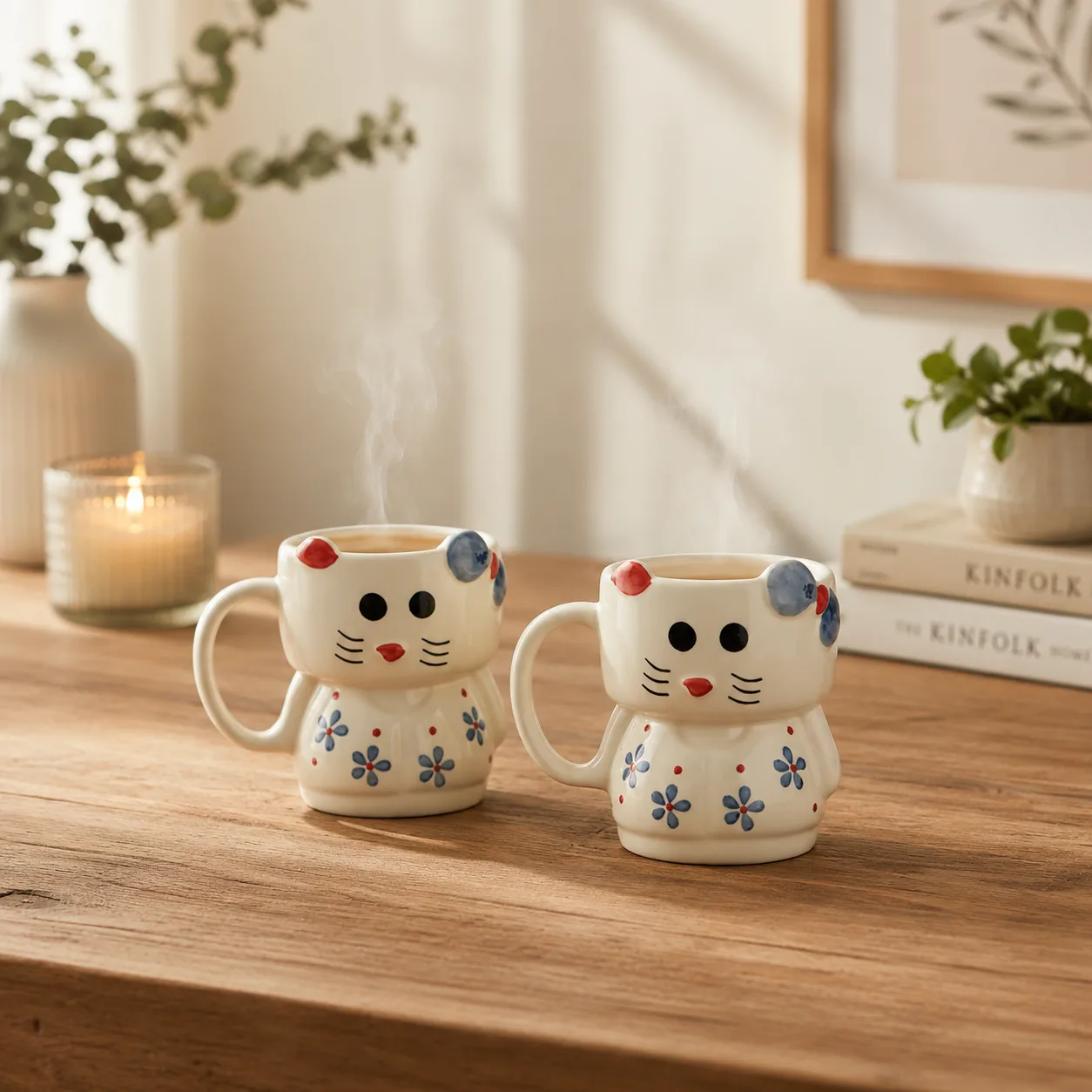 Snuggle Kitty Floral Handpainted Ceramic Coffee Mug (Set of 2) - Angle 2 - Artisan Pottery Khurja