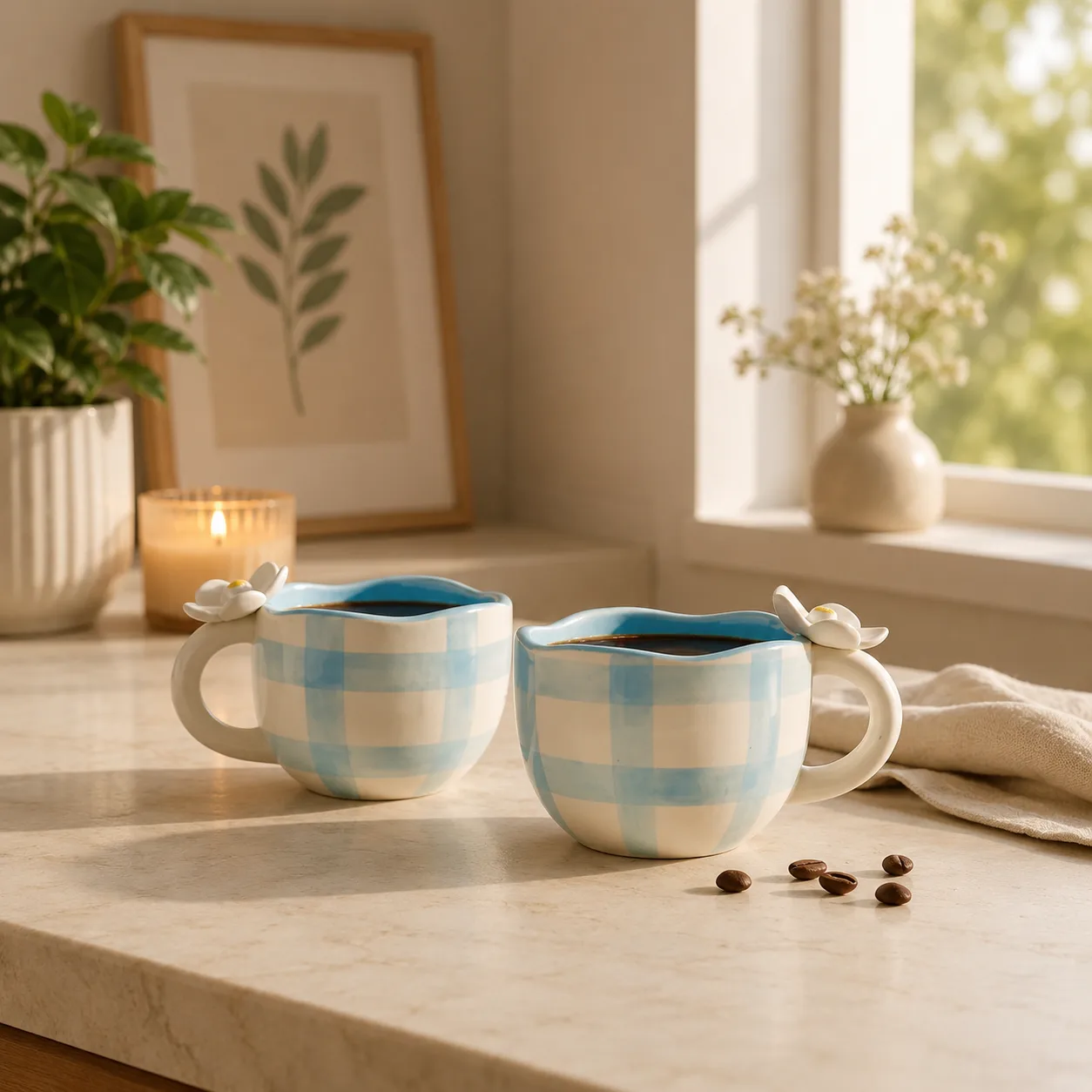 Pixie Blue 4D Plumeria Checkered Ceramic Coffee Mug (Set of 2) - Angle 2 - Artisan Pottery Khurja