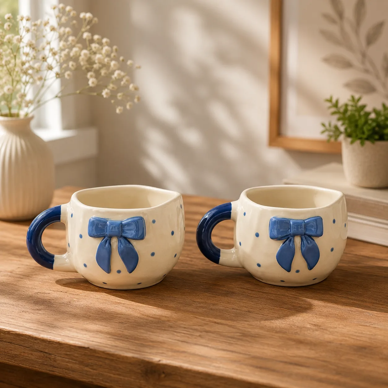Pixie Blue 4D Bow Ceramic Coffee Mug (Set of 2) - Handcrafted Stoneware Ceramic Khurja