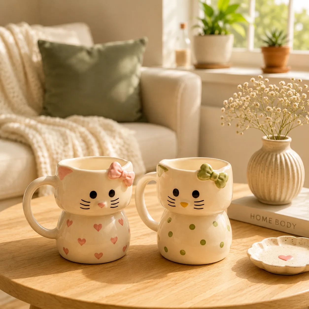 Snuggle Kitty Heart Handpainted Ceramic Coffee Mug (Set of 2) - Handcrafted Stoneware Ceramic Khurja